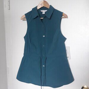 Athleta Levitate Poplin Button Down Tank Top w/Drawstring Waist; Teal; Sz M; NWT